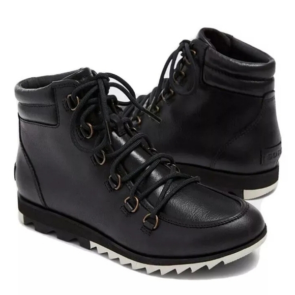 Sorel Harlow Black Leather Lace Up Ankle Boots Waterproof Hiking Outdoor Used 6 - Picture 1 of 16